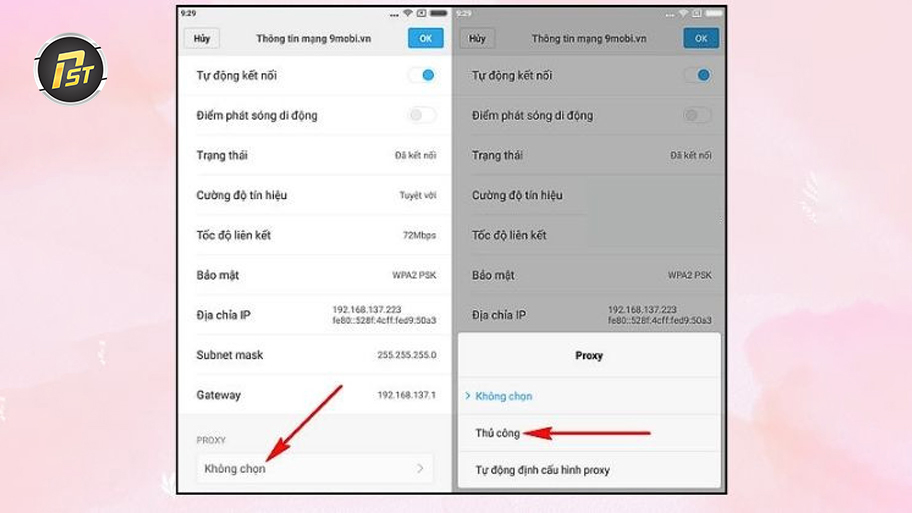 Bước 2 - 3 trong quy trình cài đặt proxy trên điện thoại android