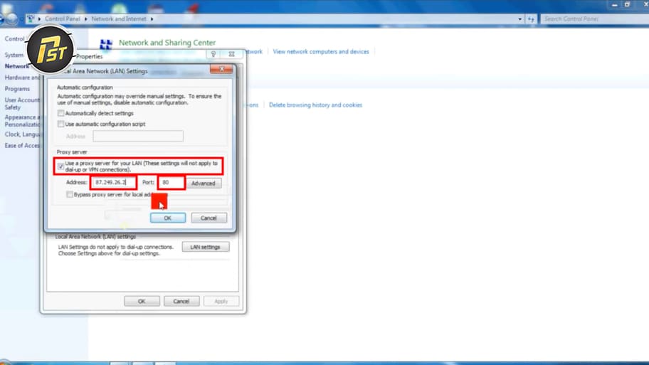 Tick vào ô Use a proxy server, điền thông tin vào IP address và Port number