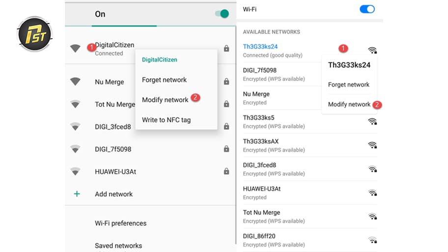 Nhấn giữ Wifi đang dùng và chọn Modify network