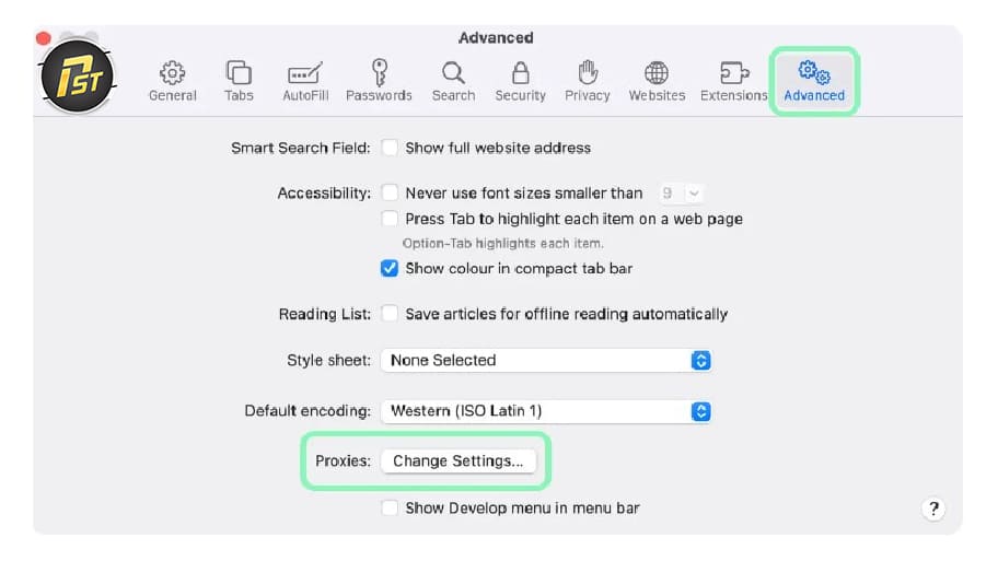 Tìm tab Advanced và click Change settings trong mục Proxies