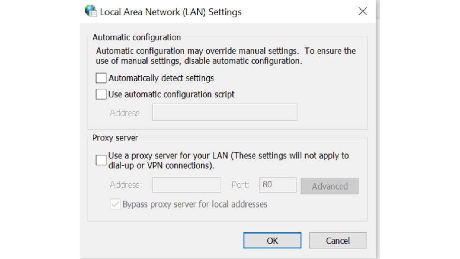 Bỏ chọn Use a proxy server và Use a proxy server for your LAN