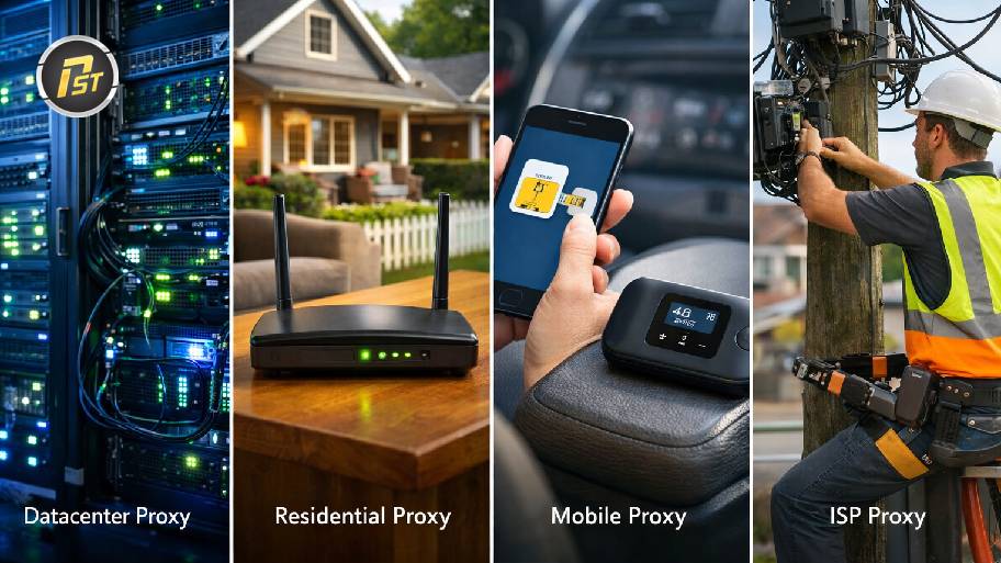 4 loại proxy: Datacenter, Residential, Mobile, ISP.