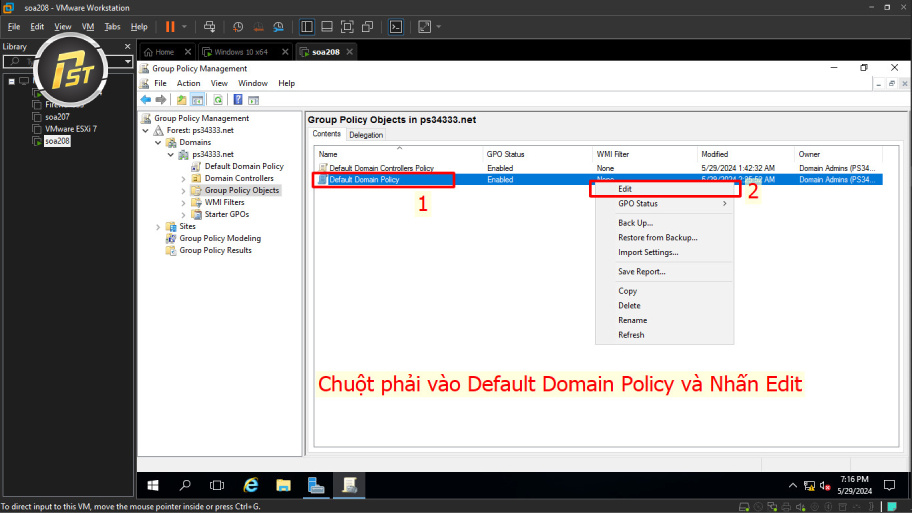 Tạo một GPO mới hoặc chỉnh trong Default Domain Policy