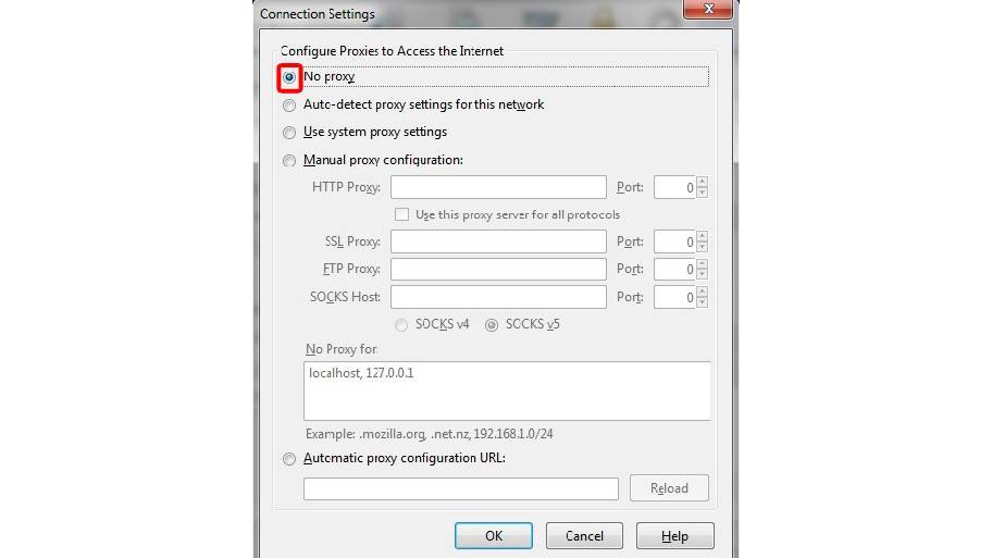 Chọn Không có proxy trong mục Cài đặt Kết Nối