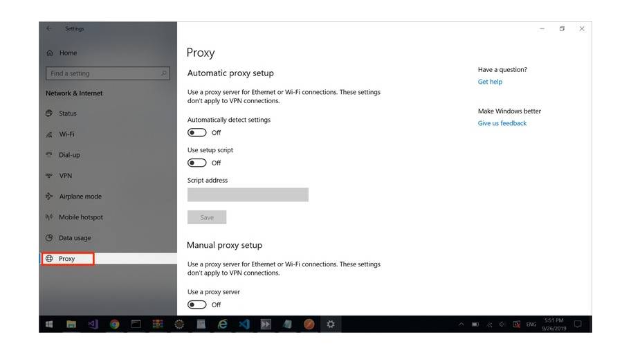 Chọn tab Proxy rồi chuyển Automatically detect settings sang Off.