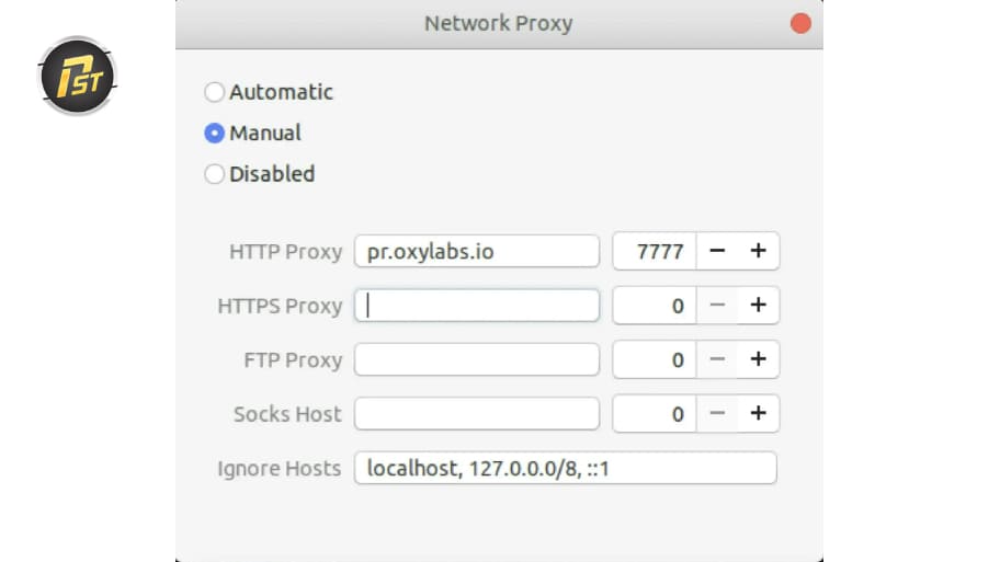 Thiết lập proxy thủ công (Manual) trên Ubuntu bằng cách nhập địa chỉ server và cổng